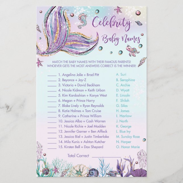 Mermaid Celebrity Baby Names Game Shower Activity (Front)