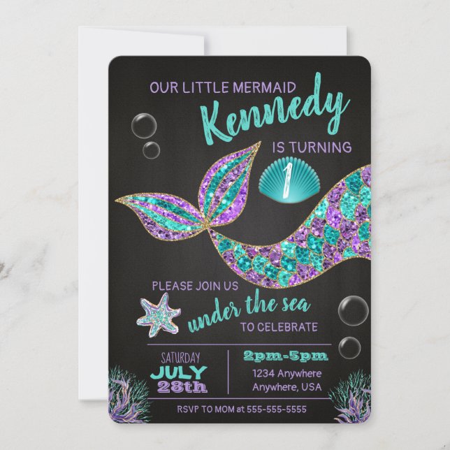 Mermaid Chalkboard birthday invitation, glitter Invitation (Front)