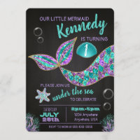 Mermaid Chalkboard birthday invitation, glitter Invitation