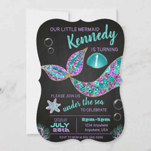 Mermaid Chalkboard birthday invitation glitter Invitation