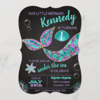 Mermaid Chalkboard birthday invitation, glitter Invitation