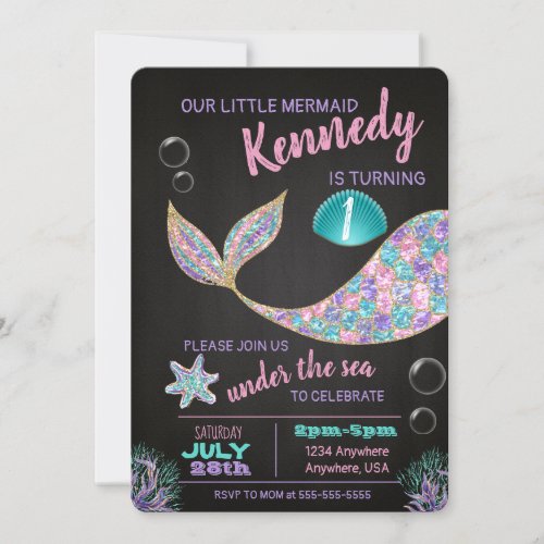 Mermaid Chalkboard birthday invitation glitter Invitation