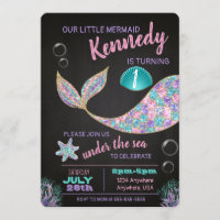 Mermaid Chalkboard birthday invitation, glitter Invitation