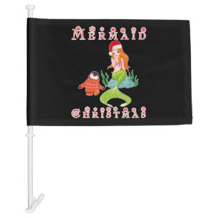 Mermaid Christmas and Funny Penguin Car Flag