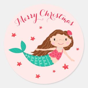 Mermaid Christmas Blush Pink Classic Round Sticker