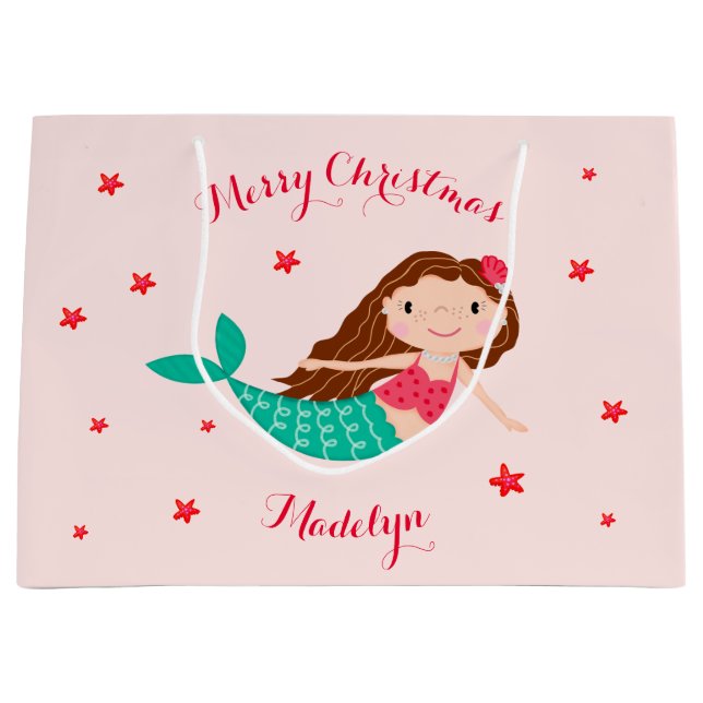 Mermaid Christmas Blush Pink Personalized Large Gift Bag (Front)