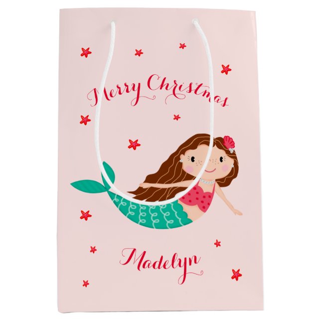 Mermaid Christmas Blush Pink Personalized Medium Gift Bag (Front)