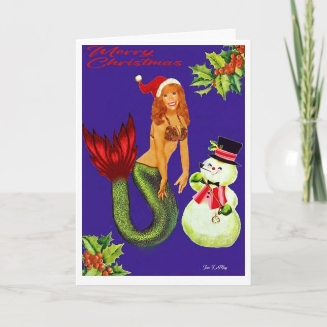 Mermaid Christmas card with Santa Hat and Snowman (Front)