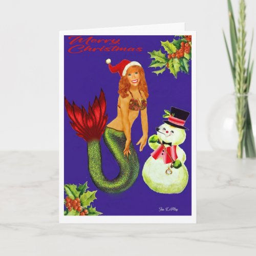 Mermaid Christmas card with Santa Hat and Snowman