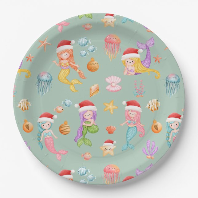Mermaid Christmas Paper Plates (Front)