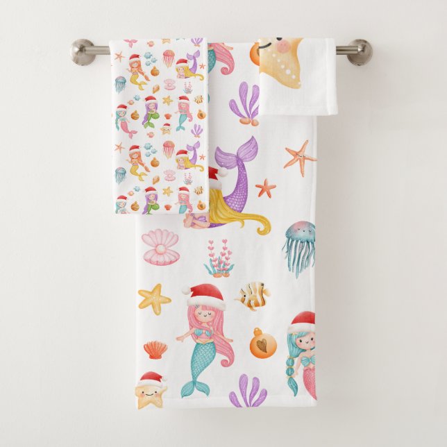 Mermaid Christmas Pattern Bath Towel Set (Insitu)