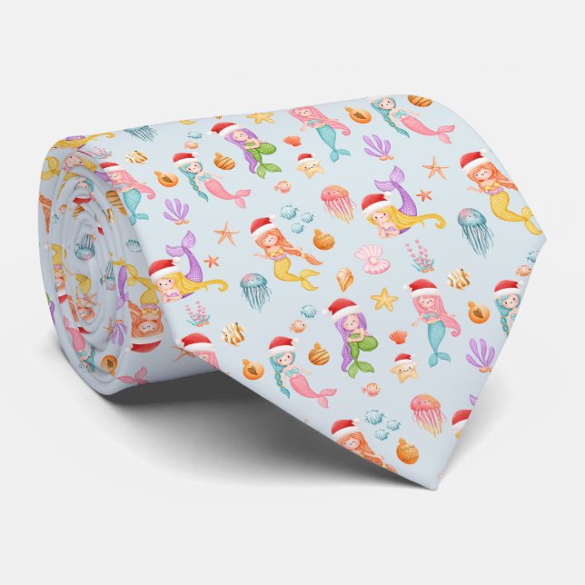 Mermaid Christmas Pattern Neck Tie (Rolled)