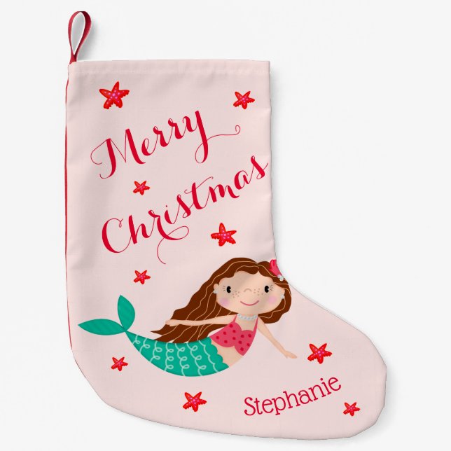 Mermaid Christmas Personalized Blush Pink Small Christmas Stocking (Front)