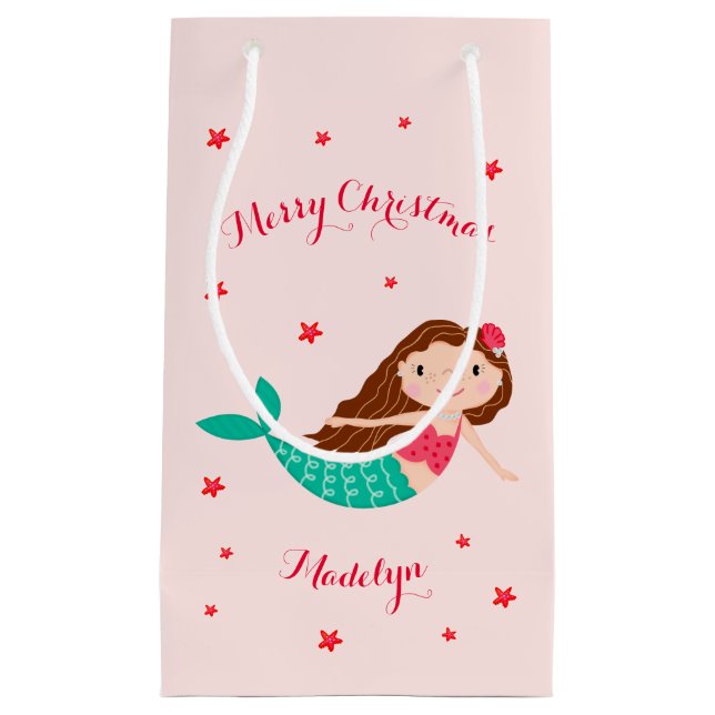 Mermaid Christmas Personalized Name Pink Small Gift Bag (Front)