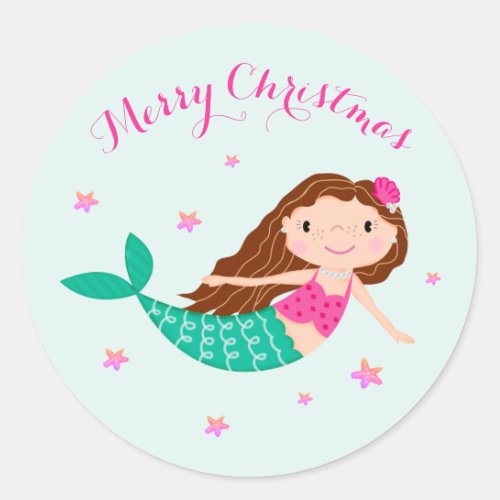 Mermaid Christmas Pink Teal Classic Round Sticker