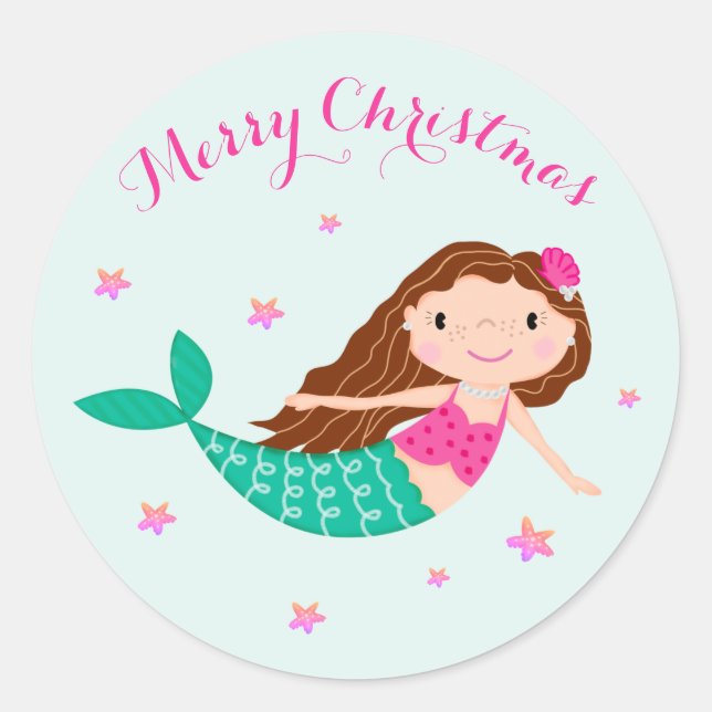 Mermaid Christmas Pink Teal Classic Round Sticker (Front)