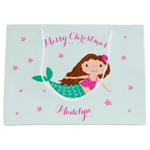 Mermaid Christmas Pink Teal Personalized Large Gift Bag