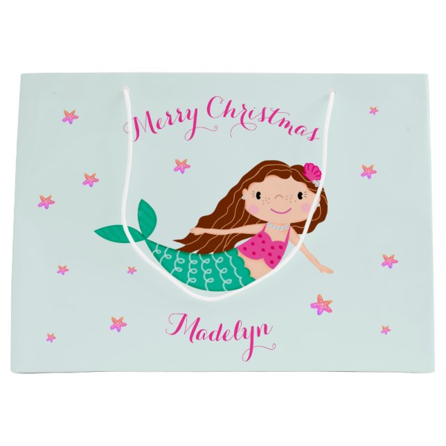 Mermaid Christmas Pink Teal Personalized Large Gift Bag (Front)