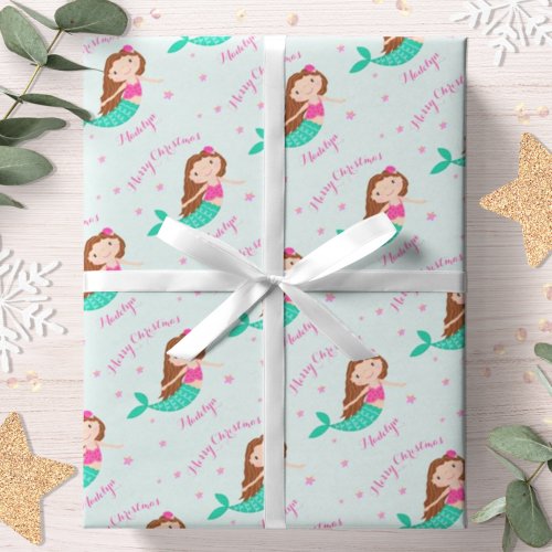 Mermaid Christmas Pink Teal Personalized Wrapping Paper