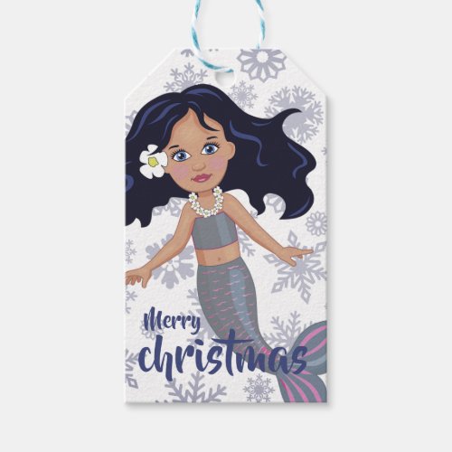 Mermaid Christmas Purple Dark Hair Girl Snowflake Gift Tags