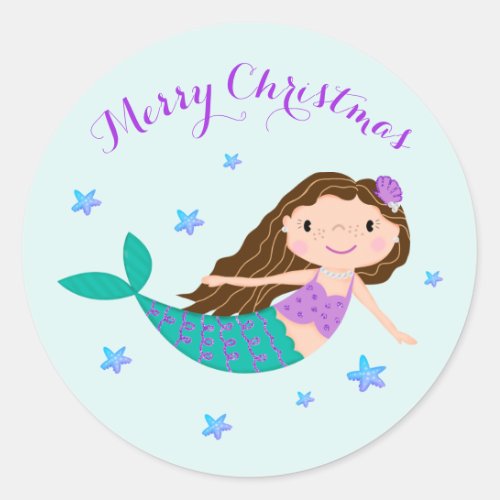 Mermaid Christmas Purple Glitter Classic Round Sticker