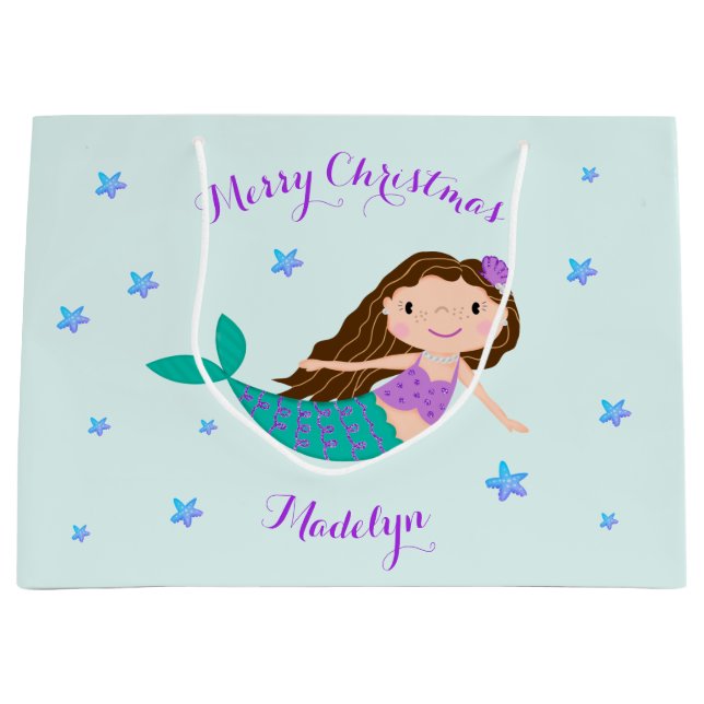 Mermaid Christmas Purple Glitter Personalized Large Gift Bag (Front)