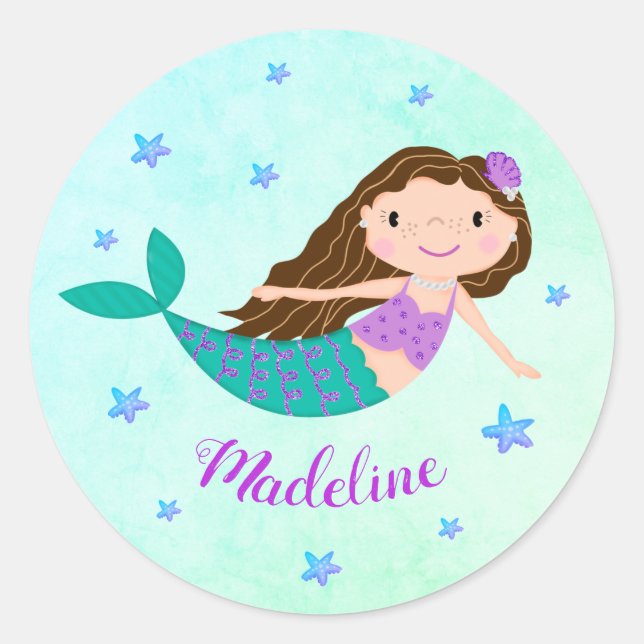 Mermaid Christmas Purple Glitter Personalized Name Classic Round Sticker (Front)