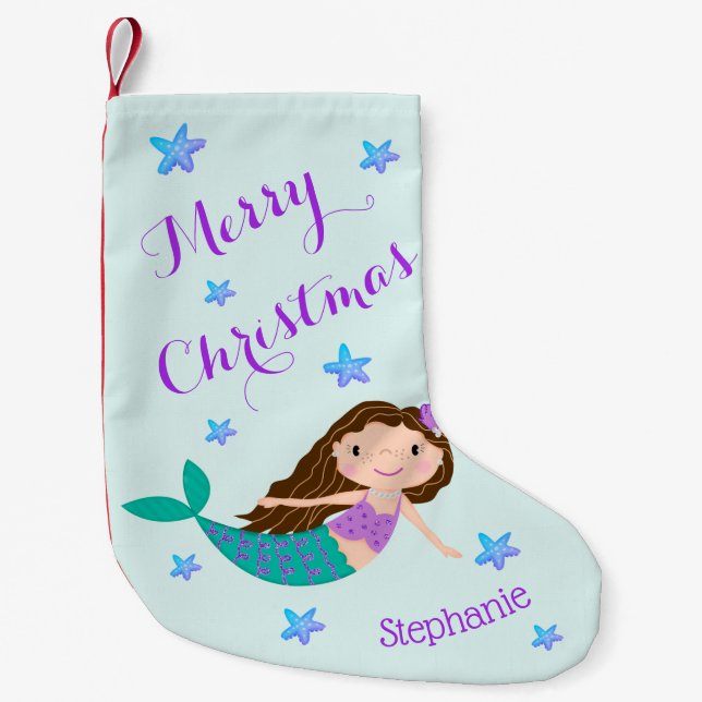 Mermaid Christmas Purple Glitter Personalized Small Christmas Stocking (Front)