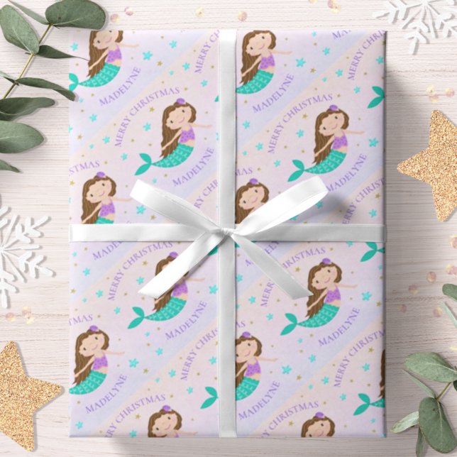 Mermaid Christmas Purple Gold Glitter Personalized Wrapping Paper (Creator Uploaded)