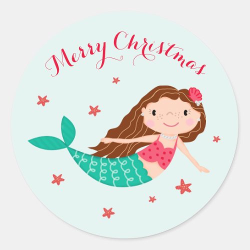 Mermaid Christmas Red Aqua Classic Round Sticker