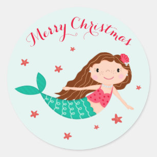 Mermaid Christmas Red Aqua Classic Round Sticker