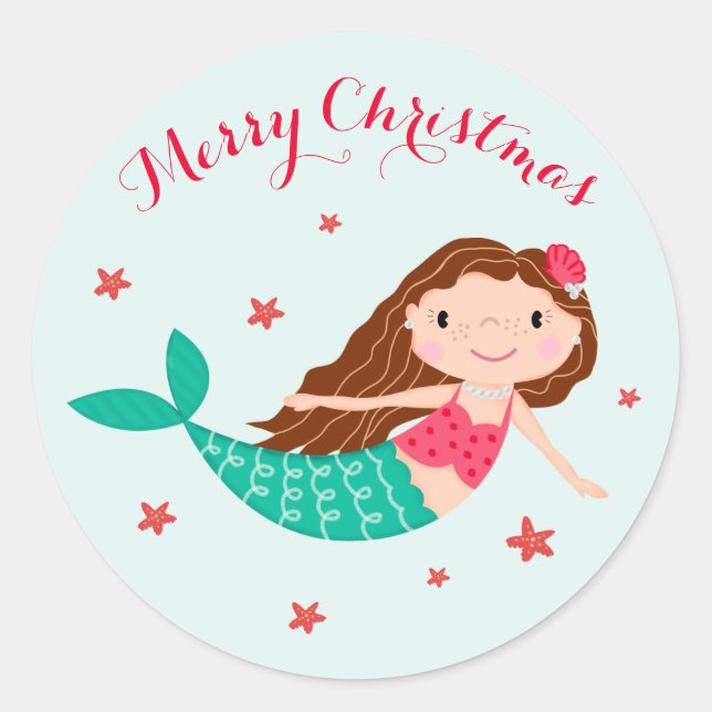 Mermaid Christmas Red Aqua Classic Round Sticker (Front)