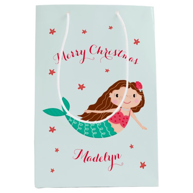 Mermaid Christmas Red Aqua Personalized Medium Gift Bag (Front)