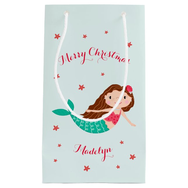 Mermaid Christmas Red Aqua Personalized Small Gift Bag (Front)