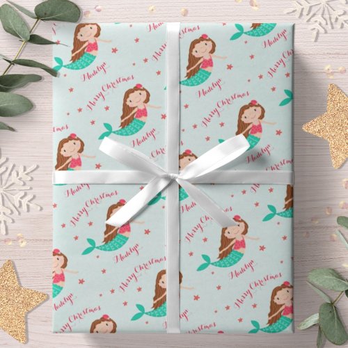 Mermaid Christmas Red Aqua Personalized Wrapping Paper