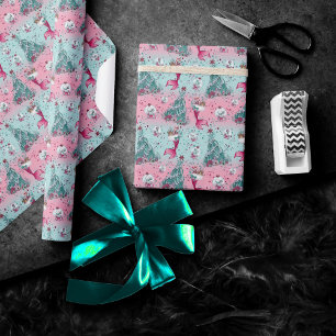 Mermaid Christmas Stockings and Trees Teal Pink Wrapping Paper