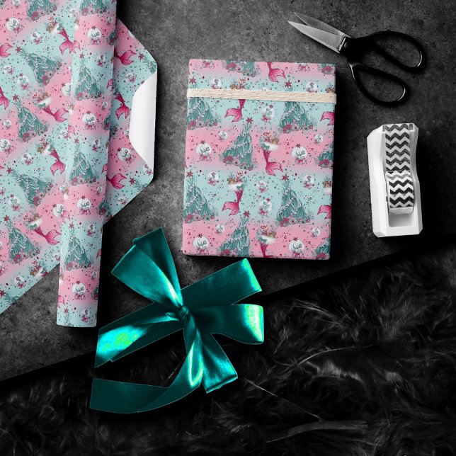 Mermaid Christmas | Stockings and Trees Teal Pink Wrapping Paper (Creator Uploaded)