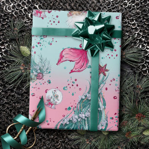 Mermaid Christmas Stockings and Trees Teal Pink Wrapping Paper
