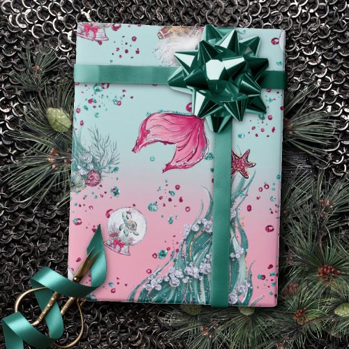 Mermaid Christmas  Stockings and Trees Teal Pink Wrapping Paper