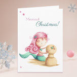 Mermaid Christmas Summer Beach Card<br><div class="desc">Cute and unique Christmas card for mermaid lovers. The sentiment reads "Mermaid Christmas!" although you can personalize it if desired. The image represents a little mermaid with pink hair and green tail making a "snowman" with sand,  a sandman. Illustrated and designed by Patricia Alvarez.</div>