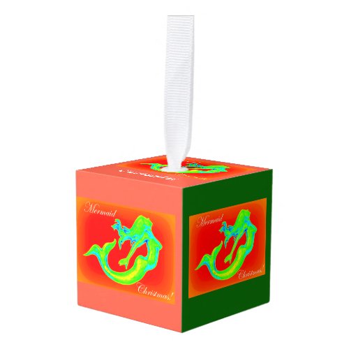mermaid christmas with mistletoe cube ornament