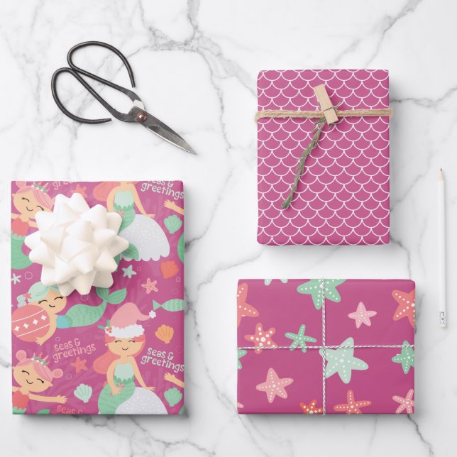 Mermaid Christmas Wrapping Paper Sheets (Front)