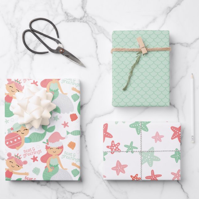 Mermaid Christmas Wrapping Paper Sheets (Front)