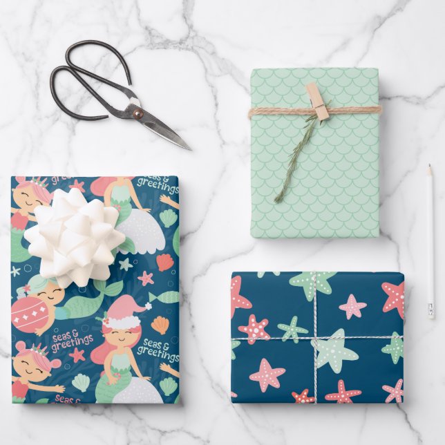 Mermaid Christmas Wrapping Paper Sheets (Front)