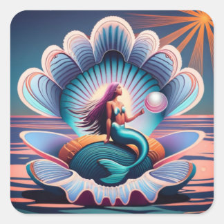 Mermaid, Clamshell, Pearl, Ocean, Enchanting Square Sticker