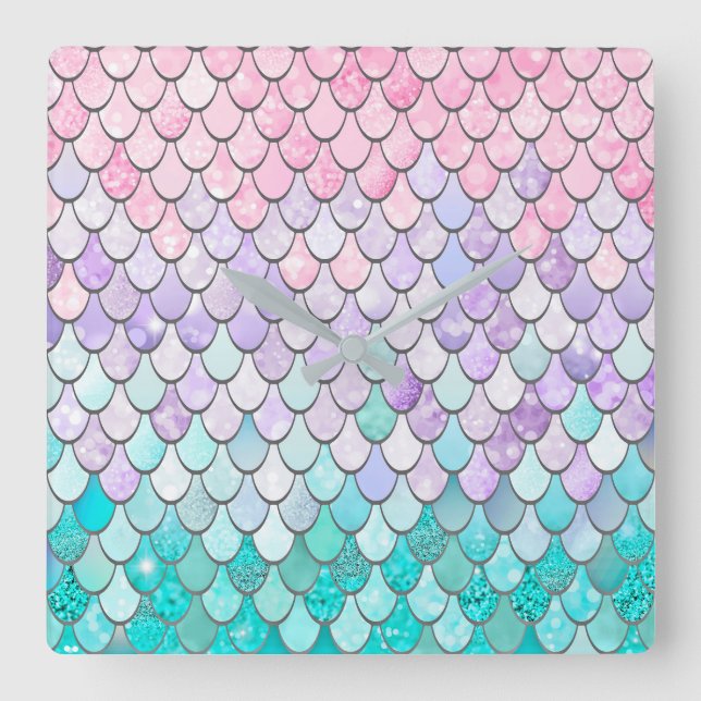 Mermaid Clock, Girls Bedroom Decor Square Wall Clock (Front)