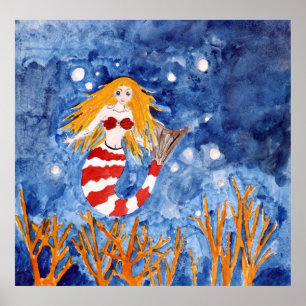 mermaid coastal beach decor art poster