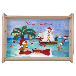 Mermaid coastal Christmas boat parade Serving Tray
