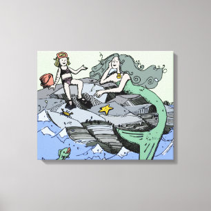 Mermaid coastal cute cartoon beach child art canvas print