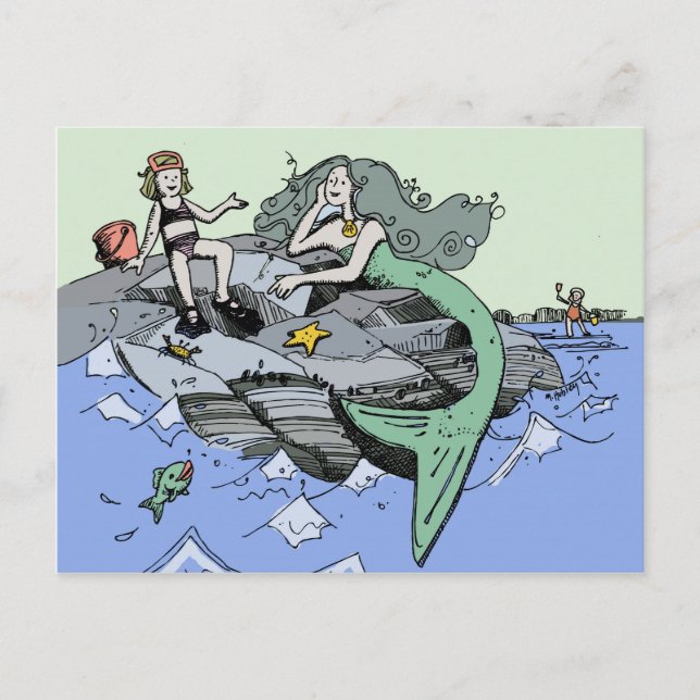 Mermaid coastal cute cartoon beach child art postcard (Front)